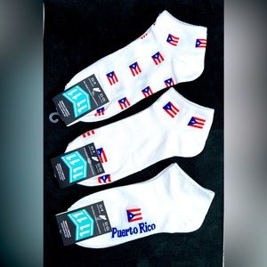 Set of 3 Ankle Socks. New. White with Puerto Rico Flag print. Size 6 - 13